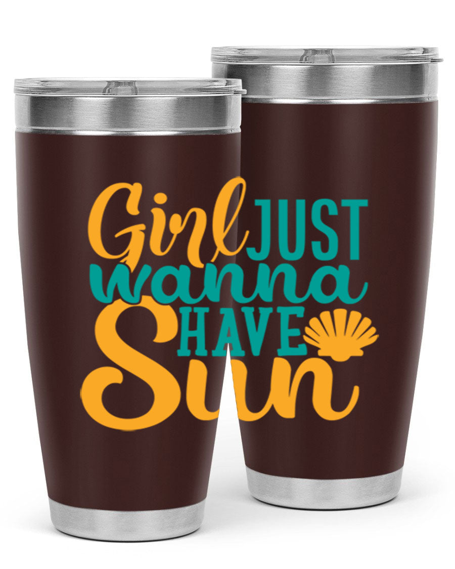 Girls Just Wanna Have Sun Style 101# 20oz Tumbler in stainless steel with vibrant summer-themed design.