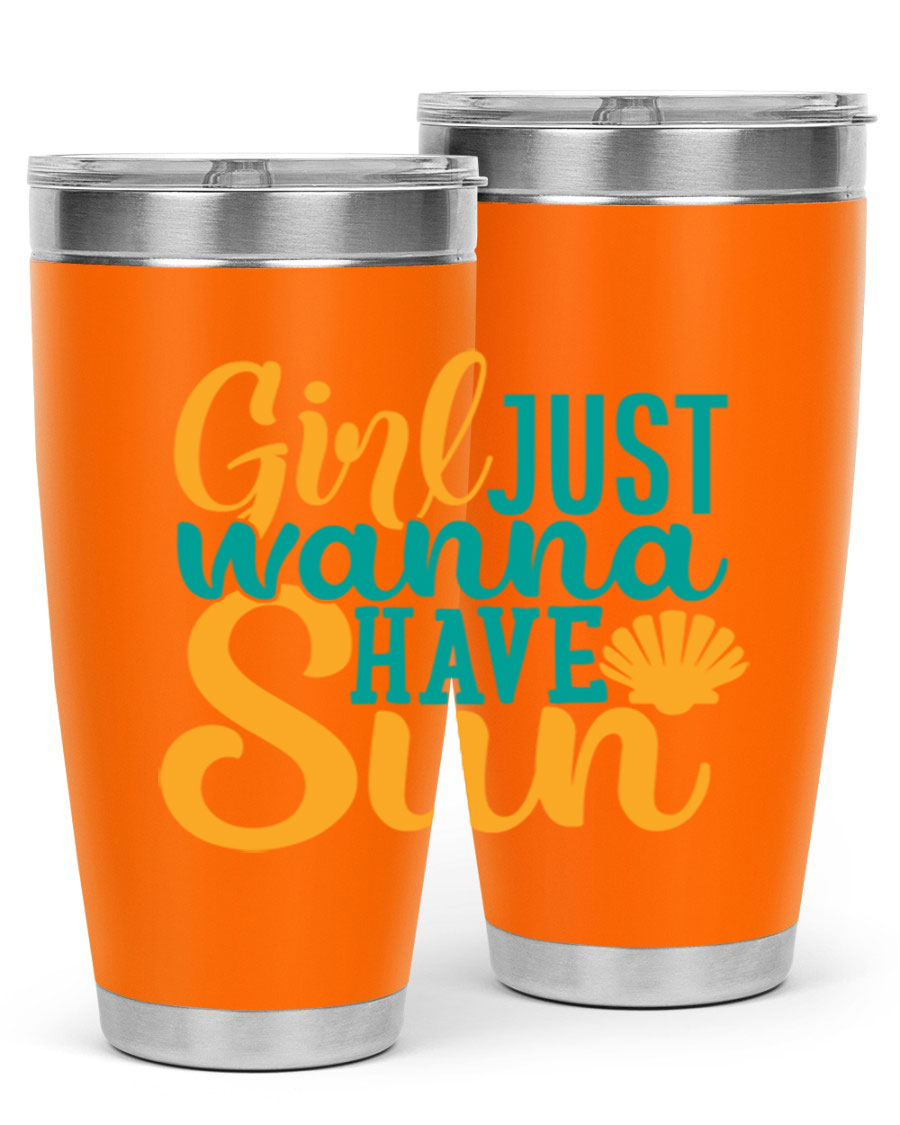 Girls Just Wanna Have Sun Style 101# 20oz Tumbler in stainless steel with vibrant summer-themed design.