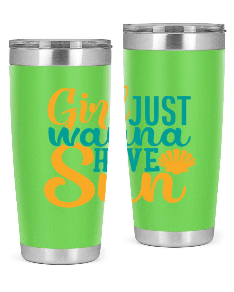 Girls Just Wanna Have Sun Style 101# 20oz Tumbler in stainless steel with vibrant summer-themed design.