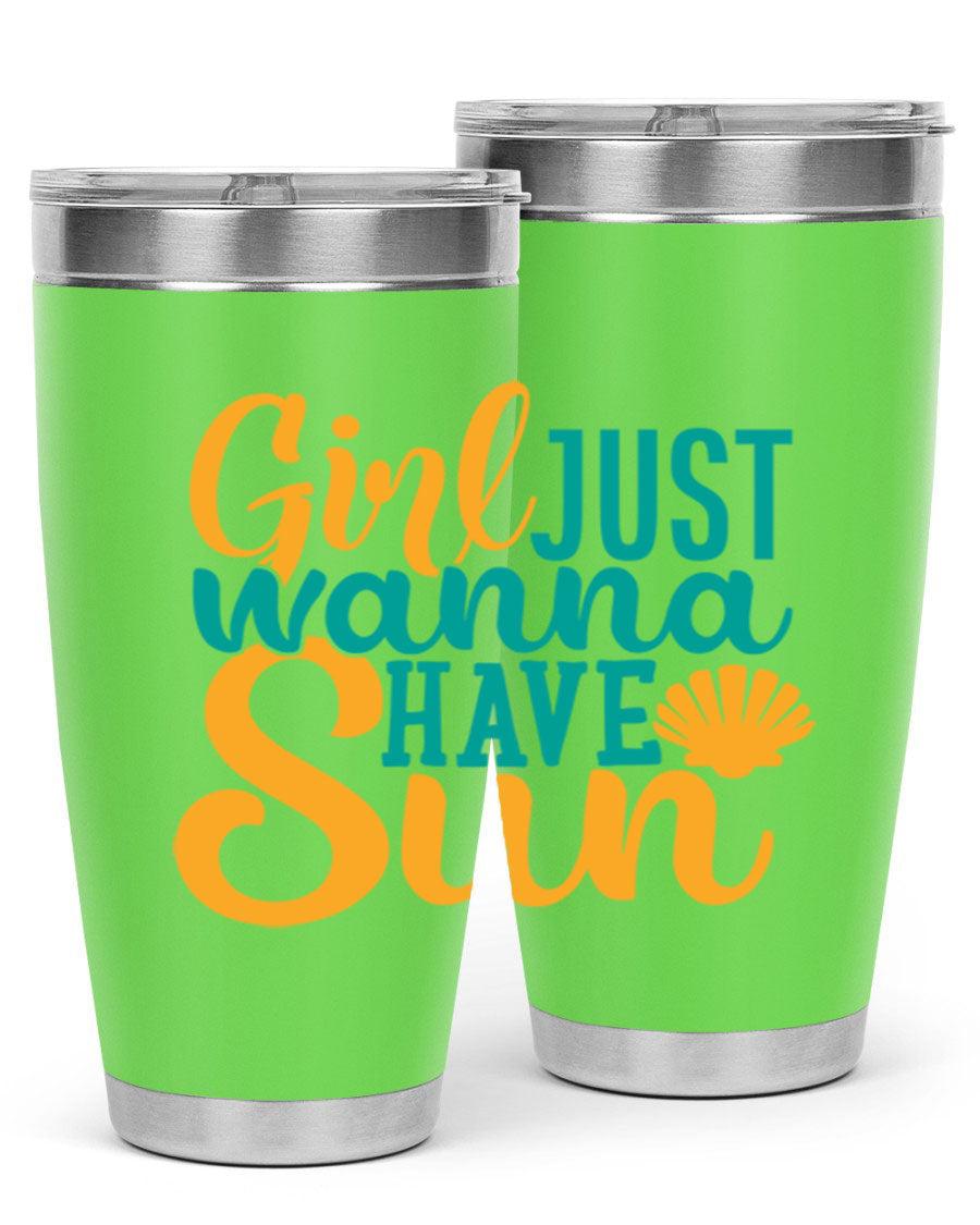 Girls Just Wanna Have Sun Style 101# 20oz Tumbler in stainless steel with vibrant summer-themed design.