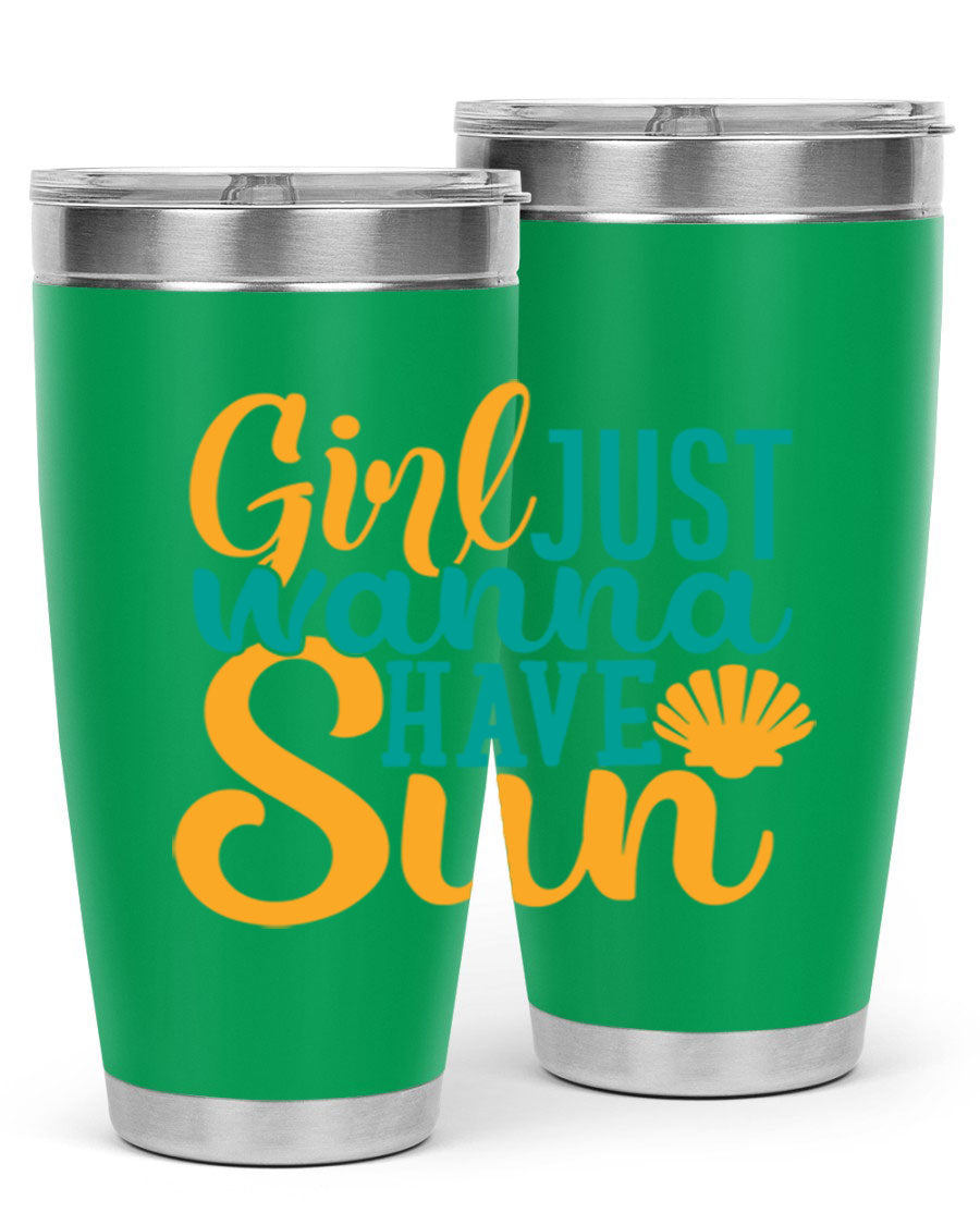 Girls Just Wanna Have Sun Style 101# 20oz Tumbler in stainless steel with vibrant summer-themed design.