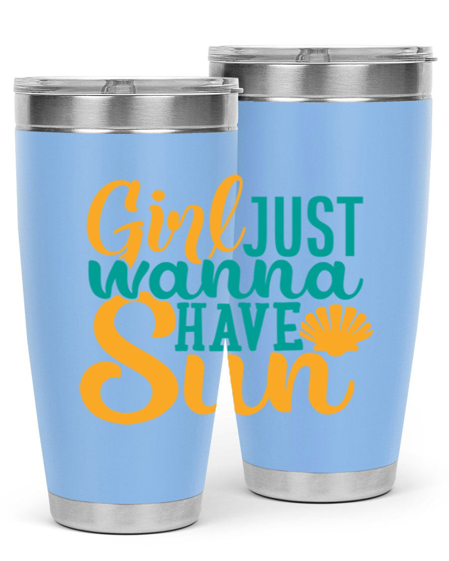 Girls Just Wanna Have Sun Style 101# 20oz Tumbler in stainless steel with vibrant summer-themed design.