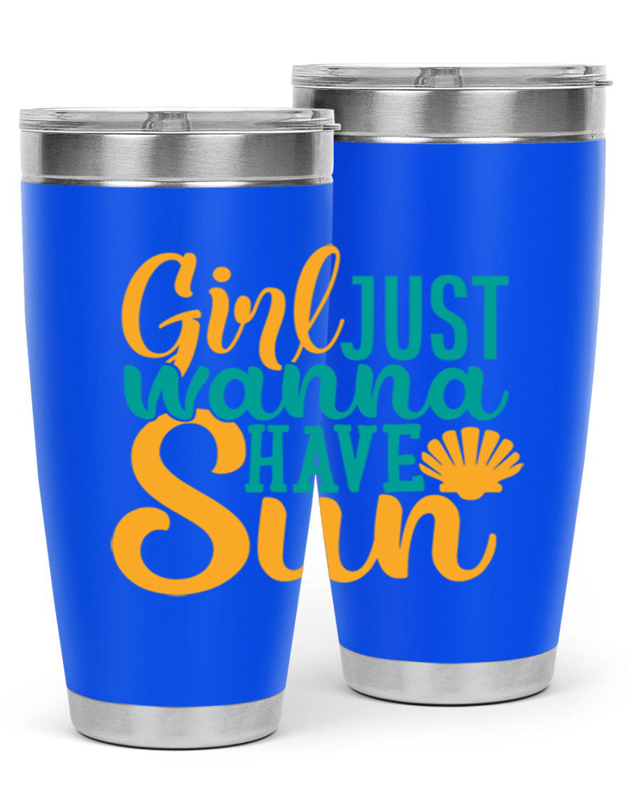 Girls Just Wanna Have Sun Style 101# 20oz Tumbler in stainless steel with vibrant summer-themed design.