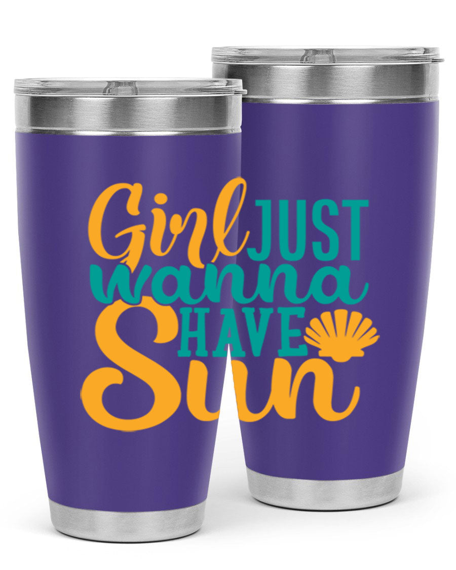 Girls Just Wanna Have Sun Style 101# 20oz Tumbler in stainless steel with vibrant summer-themed design.