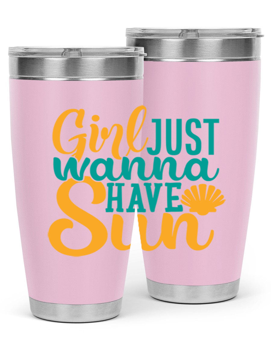 Girls Just Wanna Have Sun Style 101# 20oz Tumbler in stainless steel with vibrant summer-themed design.