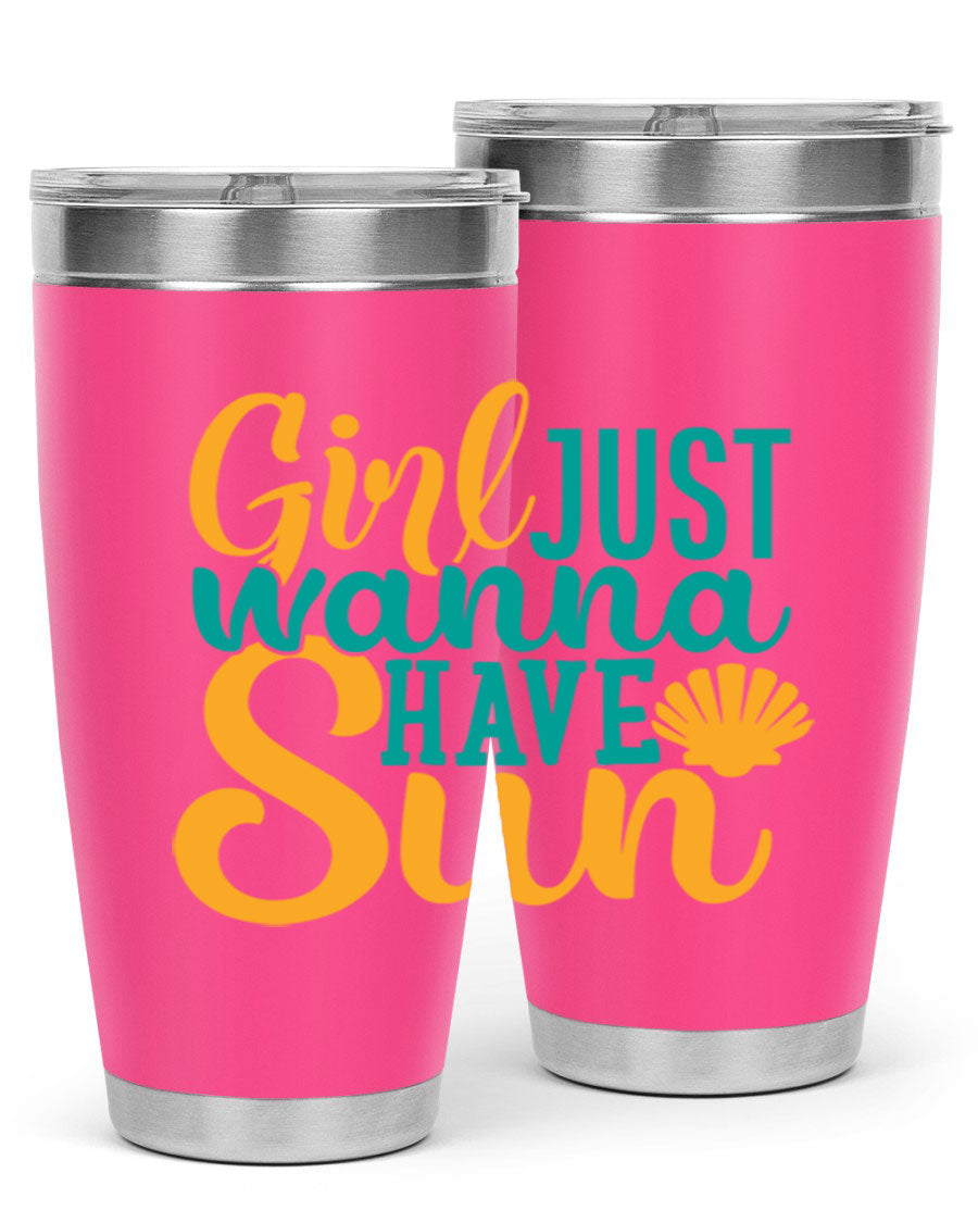 Girls Just Wanna Have Sun Style 101# 20oz Tumbler in stainless steel with vibrant summer-themed design.