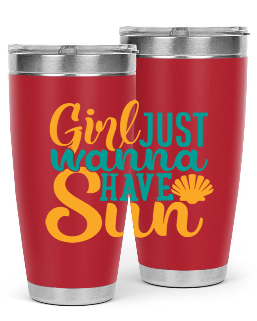 Girls Just Wanna Have Sun Style 101# 20oz Tumbler in stainless steel with vibrant summer-themed design.