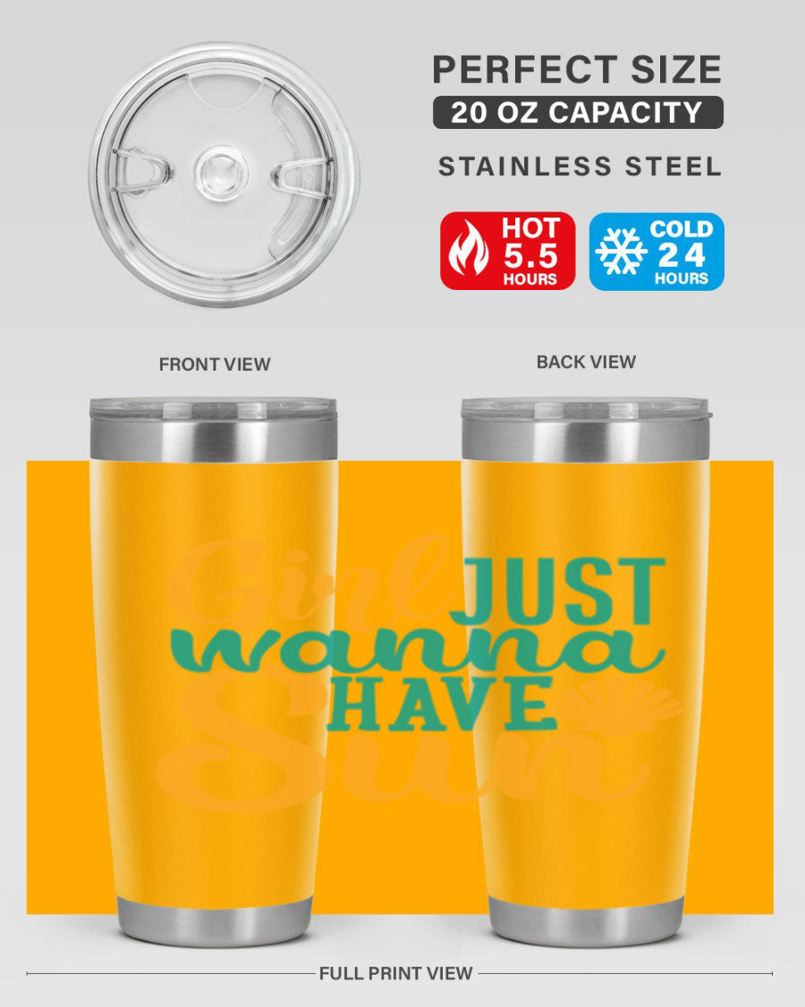 Girls Just Wanna Have Sun Style 101# 20oz Tumbler in stainless steel with vibrant summer-themed design.