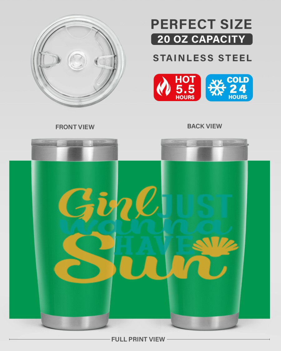 Girls Just Wanna Have Sun Style 101# 20oz Tumbler in stainless steel with vibrant summer-themed design.