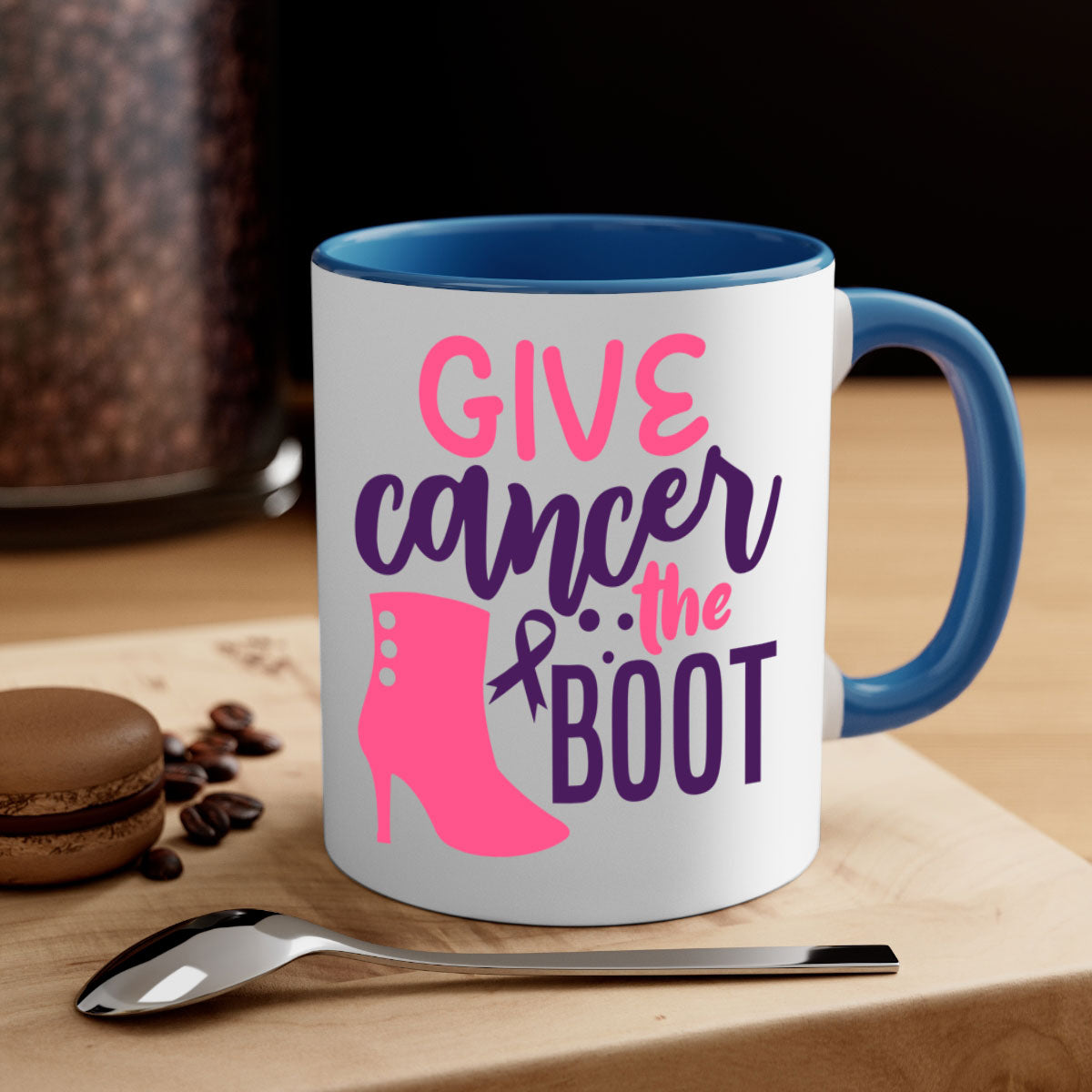 Give Cancer the Boot Style 11# Mug with a glossy finish and colored handle, available in multiple colors and sizes.