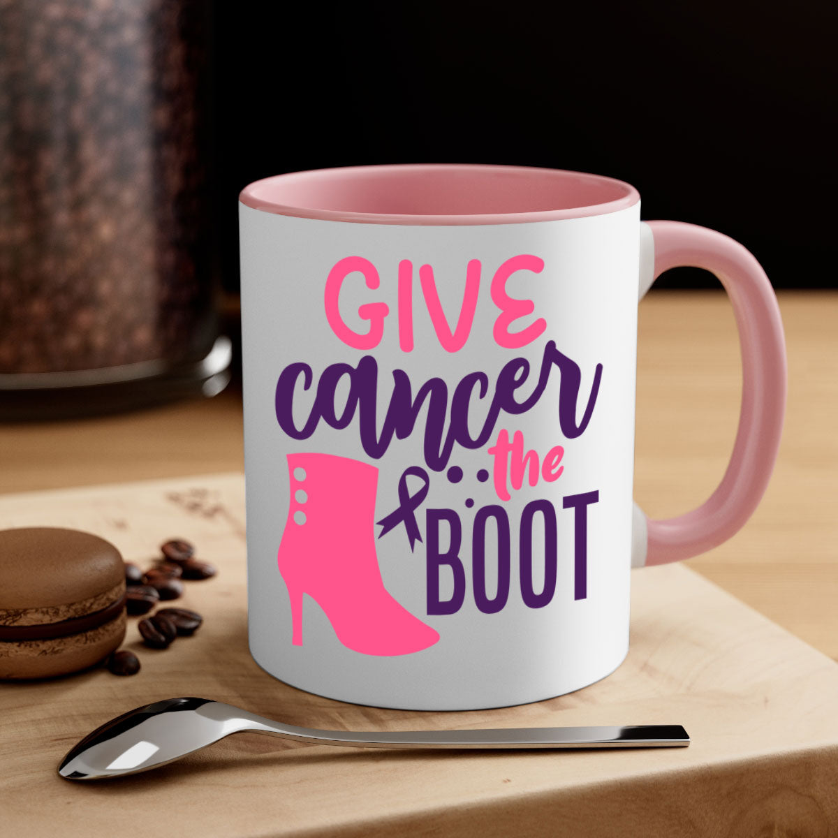 Give Cancer the Boot Style 11# Mug with a glossy finish and colored handle, available in multiple colors and sizes.
