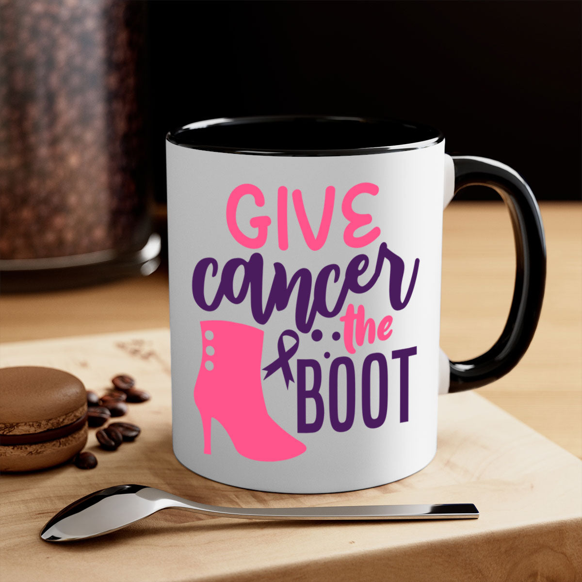 Give Cancer the Boot Style 11# Mug with a glossy finish and colored handle, available in multiple colors and sizes.