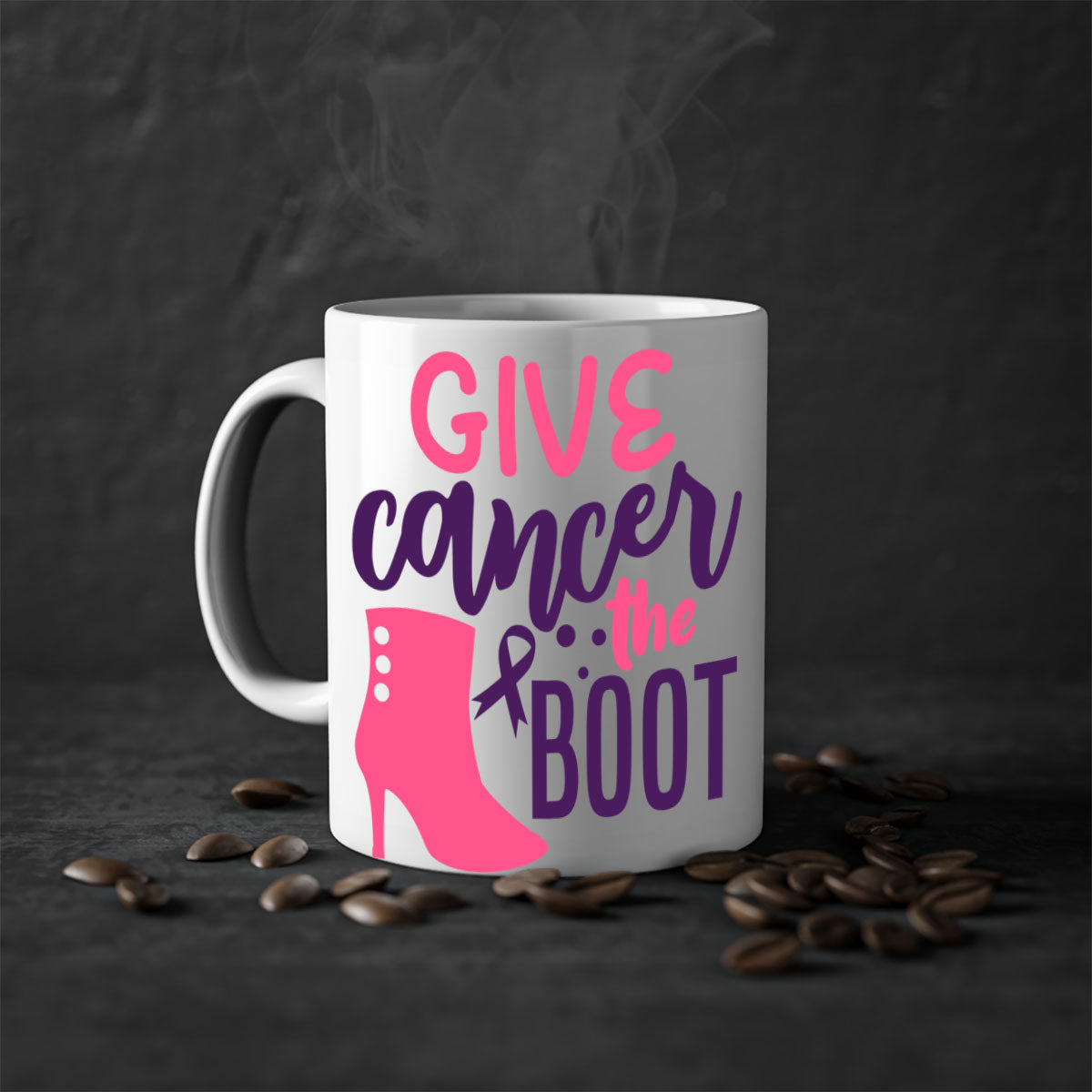 Give Cancer the Boot Style 11# Mug with a glossy finish and colored handle, available in multiple colors and sizes.