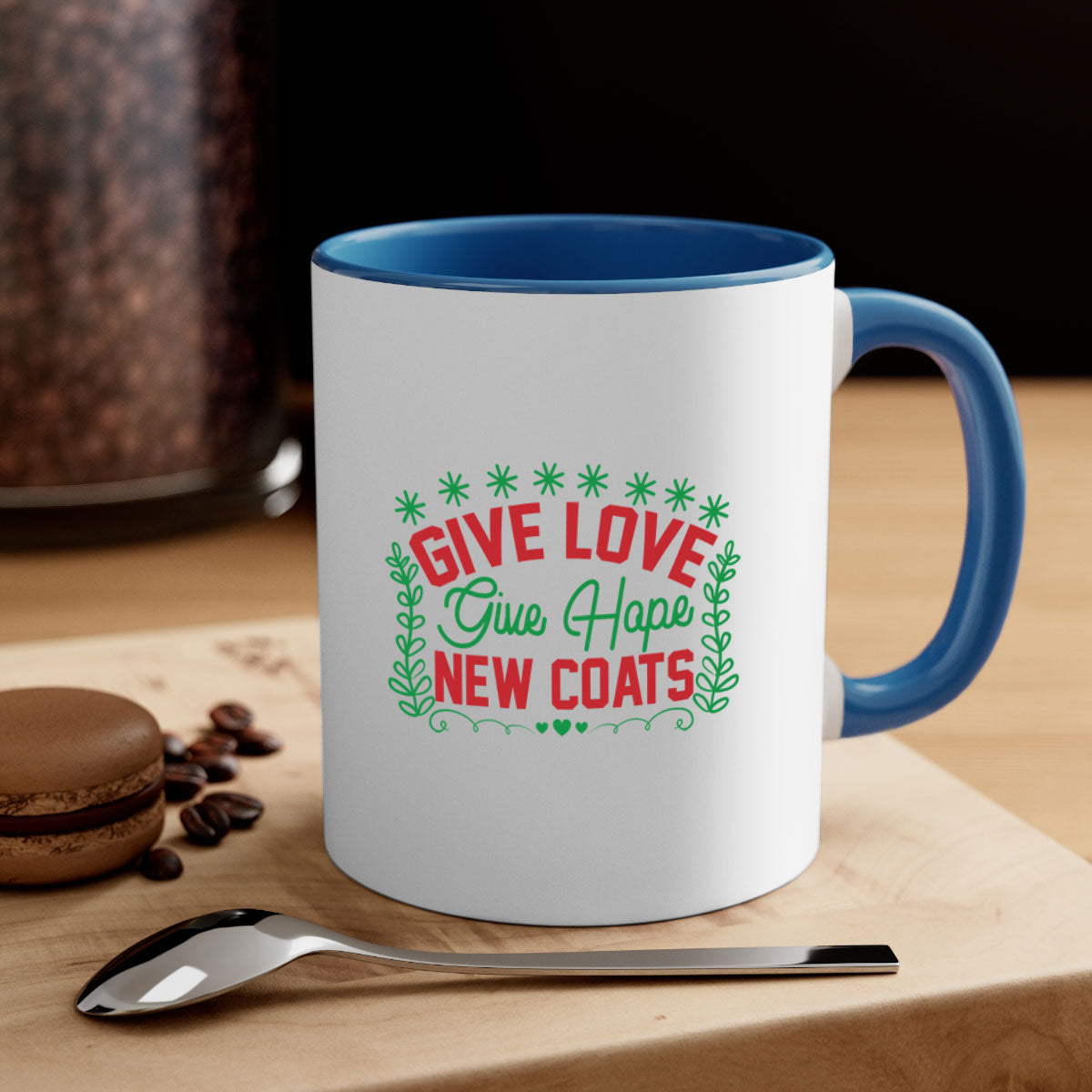 Give Love Give Hope New Coats 117# Mug featuring a glossy finish, colored handle, and interior in five vibrant colors.