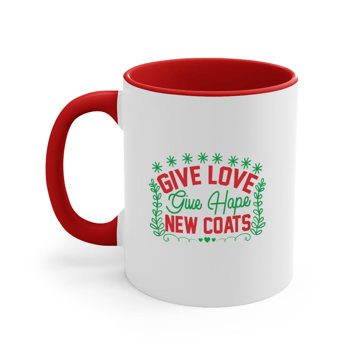 Give Love Give Hope New Coats 117# Mug featuring a glossy finish, colored handle, and interior in five vibrant colors.