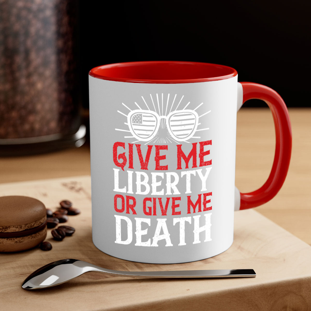 Give me liberty or give me death mug with a glossy finish, featuring a colored handle and interior, available in multiple colors.
