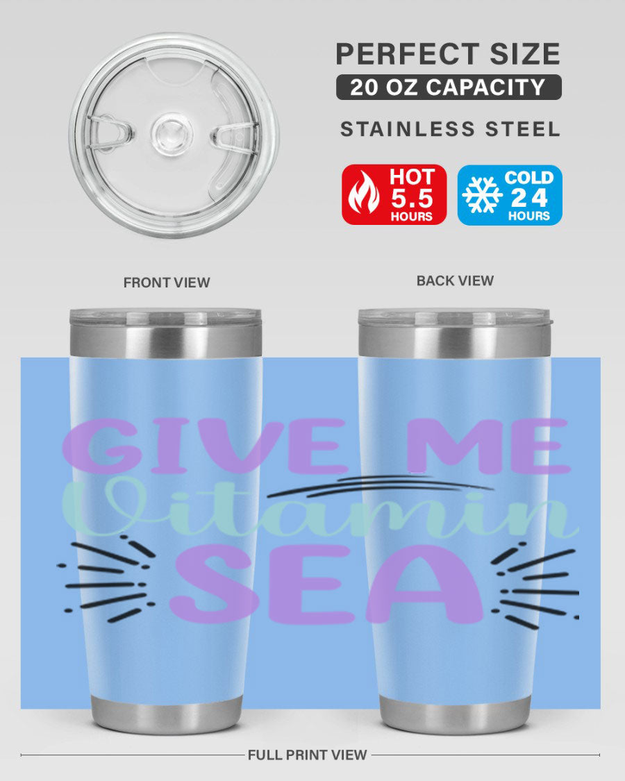 Give Me Vitamin Sea 20oz tumbler featuring a vibrant mermaid design, made of double wall vacuum stainless steel with a drink-thru lid.