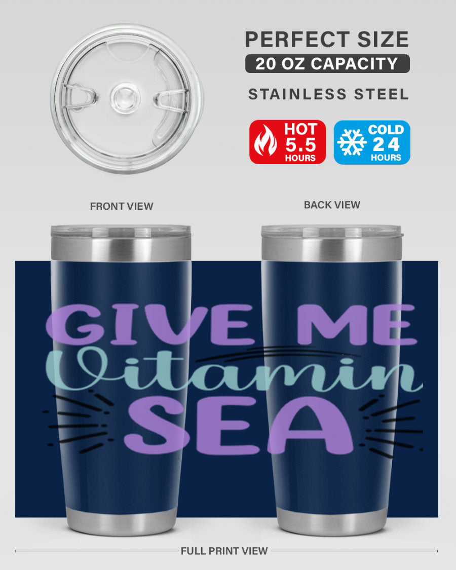 Give Me Vitamin Sea 20oz tumbler featuring a vibrant mermaid design, made of double wall vacuum stainless steel with a drink-thru lid.