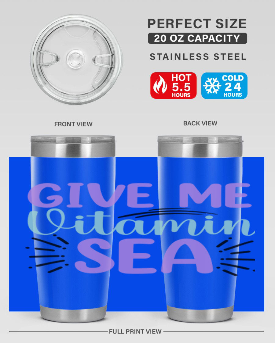Give Me Vitamin Sea 20oz tumbler featuring a vibrant mermaid design, made of double wall vacuum stainless steel with a drink-thru lid.