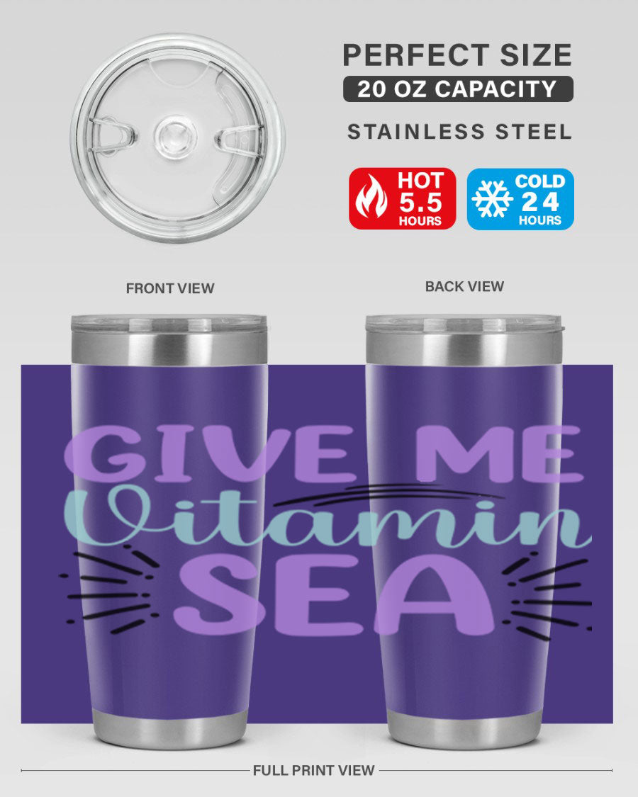 Give Me Vitamin Sea 20oz tumbler featuring a vibrant mermaid design, made of double wall vacuum stainless steel with a drink-thru lid.