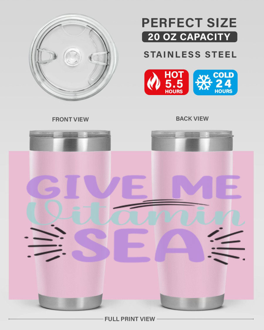 Give Me Vitamin Sea 20oz tumbler featuring a vibrant mermaid design, made of double wall vacuum stainless steel with a drink-thru lid.