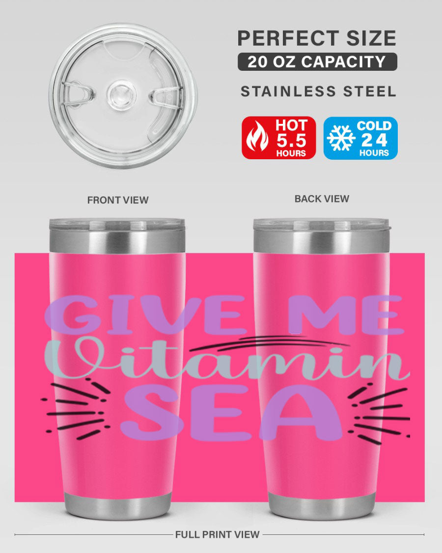 Give Me Vitamin Sea 20oz tumbler featuring a vibrant mermaid design, made of double wall vacuum stainless steel with a drink-thru lid.