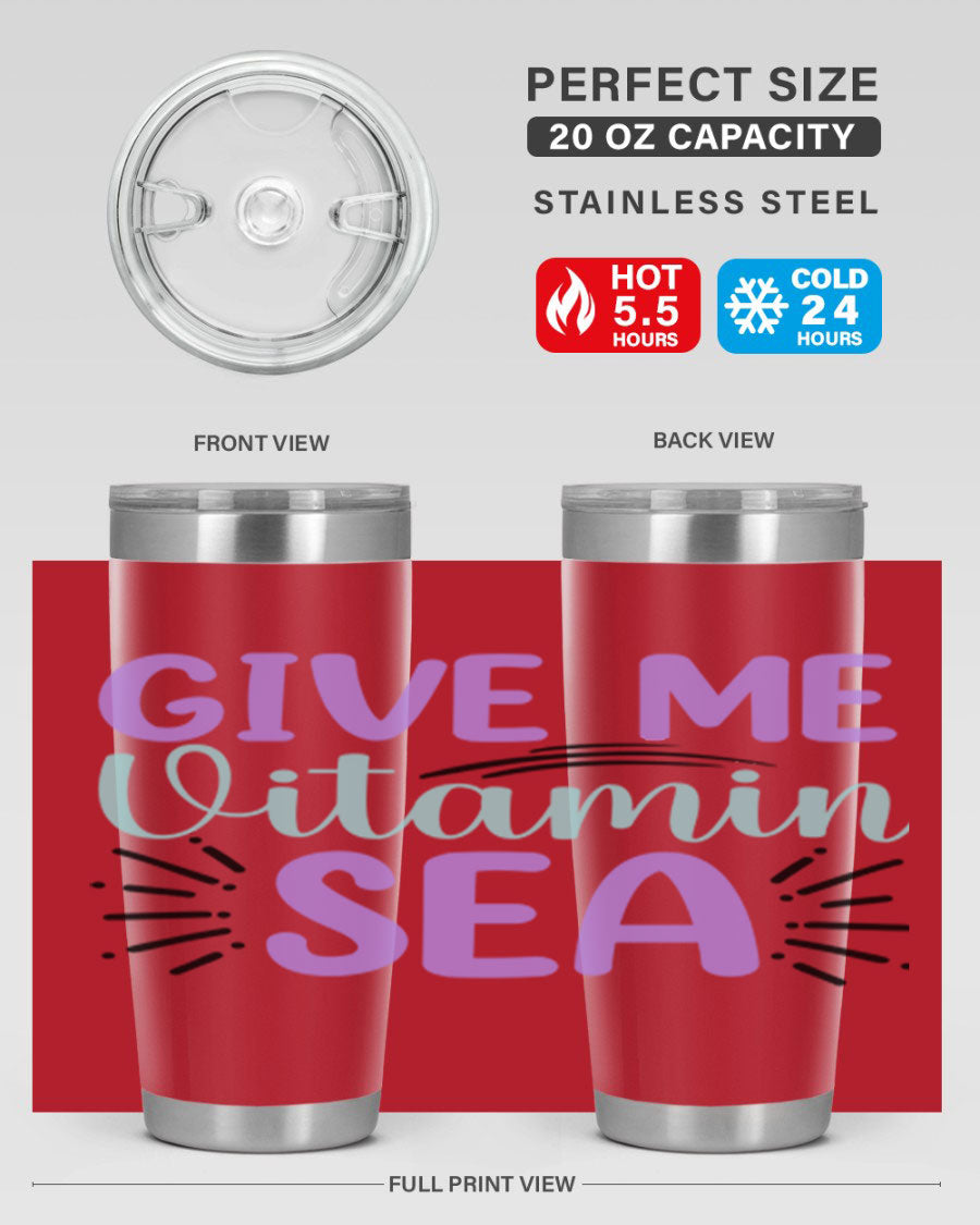 Give Me Vitamin Sea 20oz tumbler featuring a vibrant mermaid design, made of double wall vacuum stainless steel with a drink-thru lid.