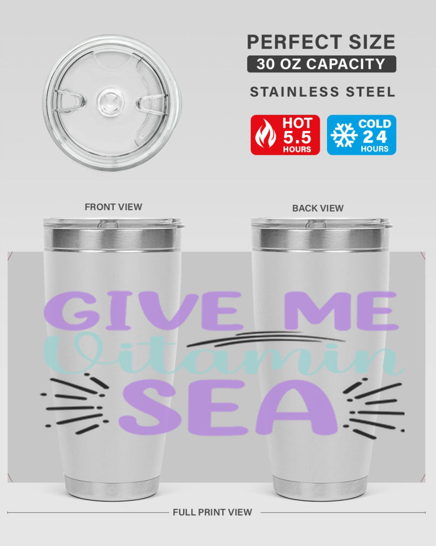 Give Me Vitamin Sea 20oz tumbler featuring a vibrant mermaid design, made of double wall vacuum stainless steel with a drink-thru lid.