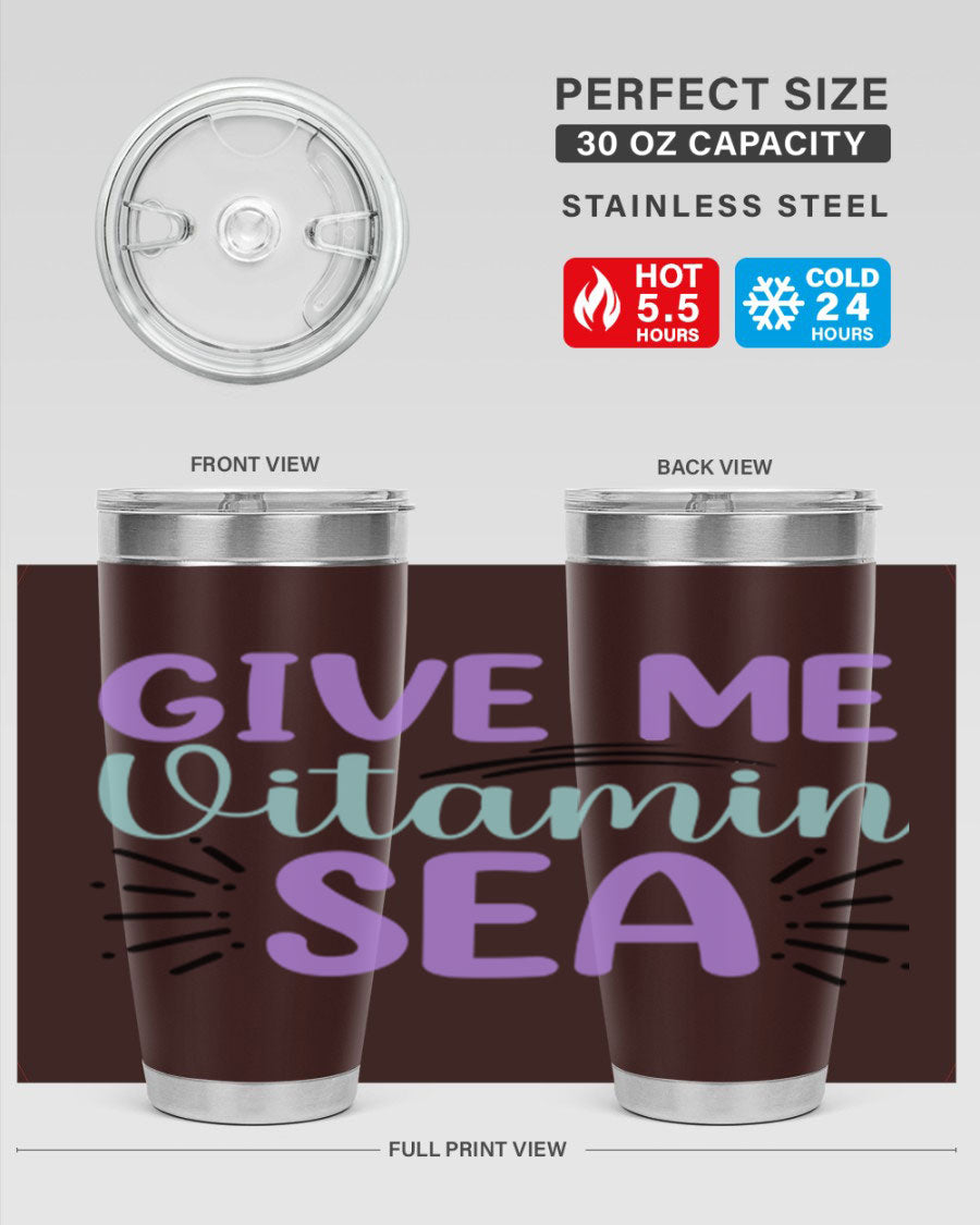 Give Me Vitamin Sea 20oz tumbler featuring a vibrant mermaid design, made of double wall vacuum stainless steel with a drink-thru lid.
