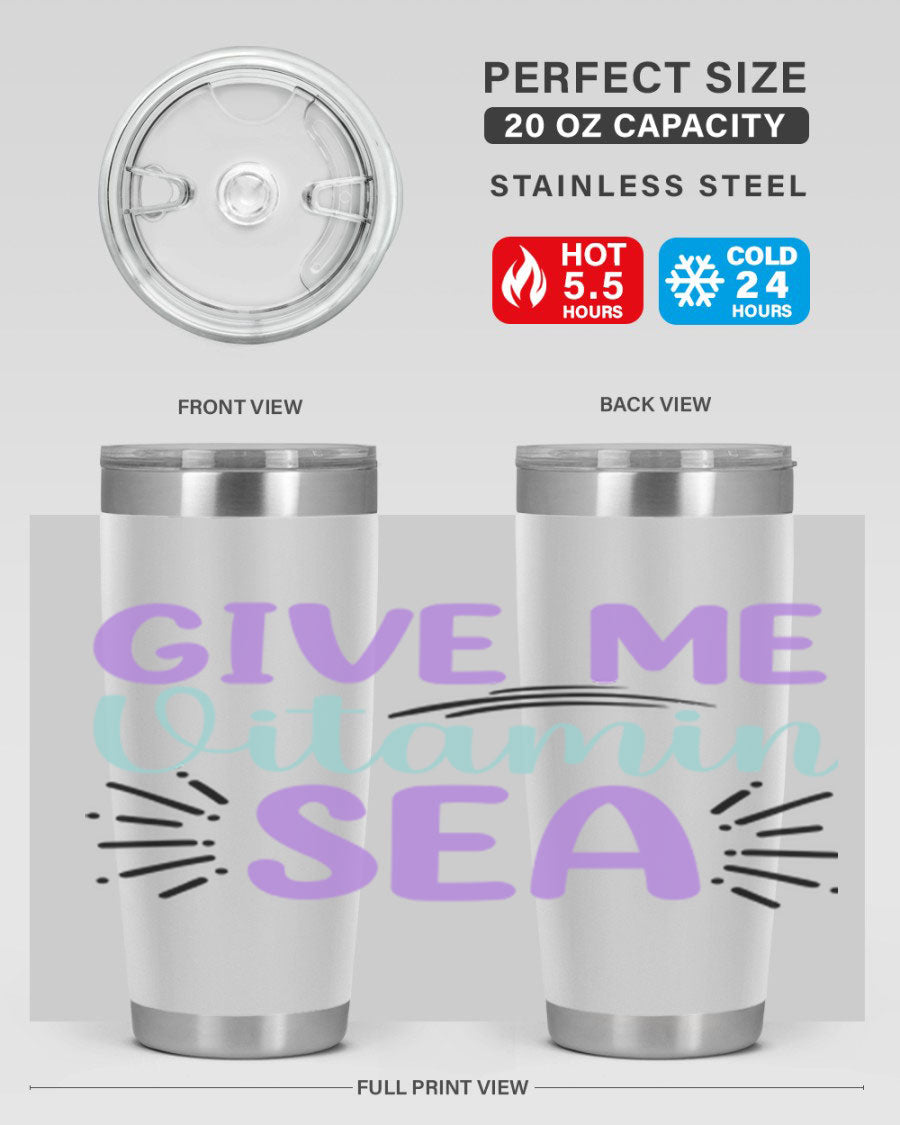 Give Me Vitamin Sea 20oz tumbler featuring a vibrant mermaid design, made of double wall vacuum stainless steel with a drink-thru lid.