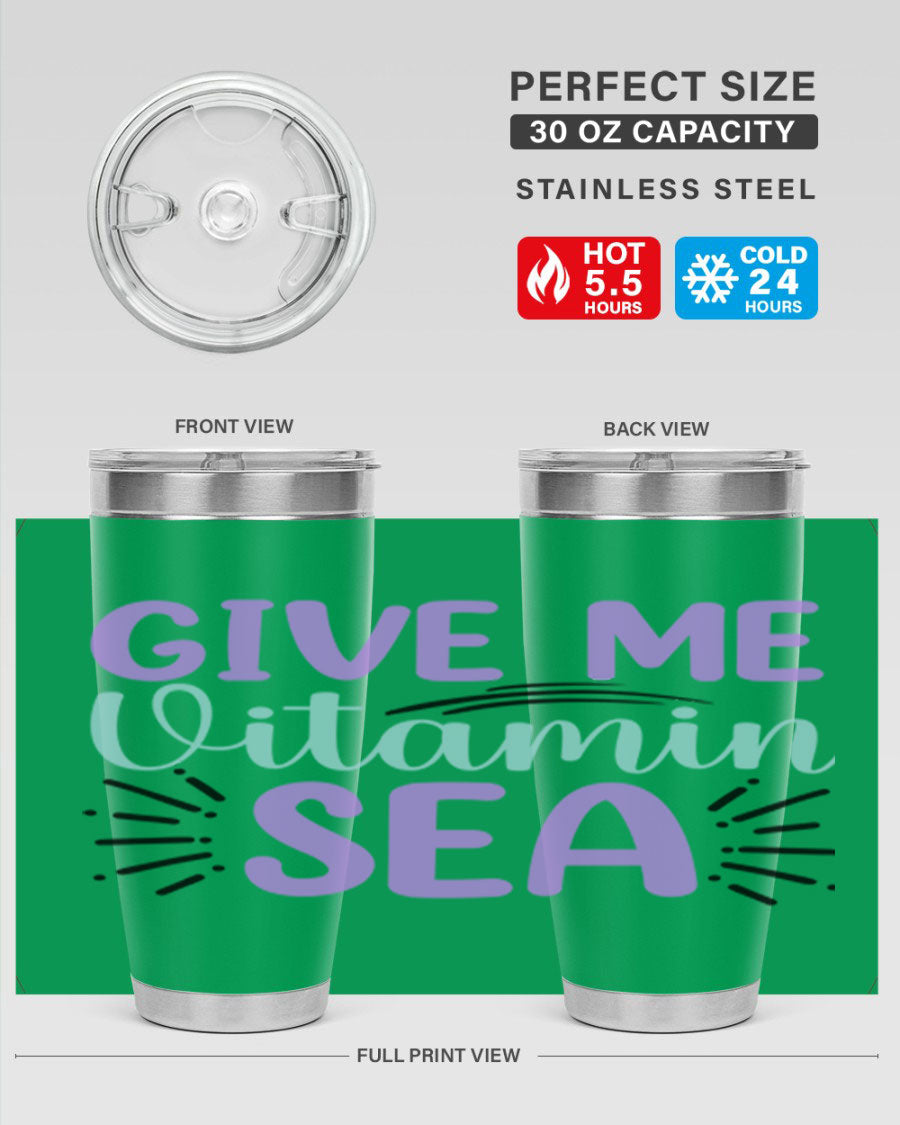 Give Me Vitamin Sea 20oz tumbler featuring a vibrant mermaid design, made of double wall vacuum stainless steel with a drink-thru lid.