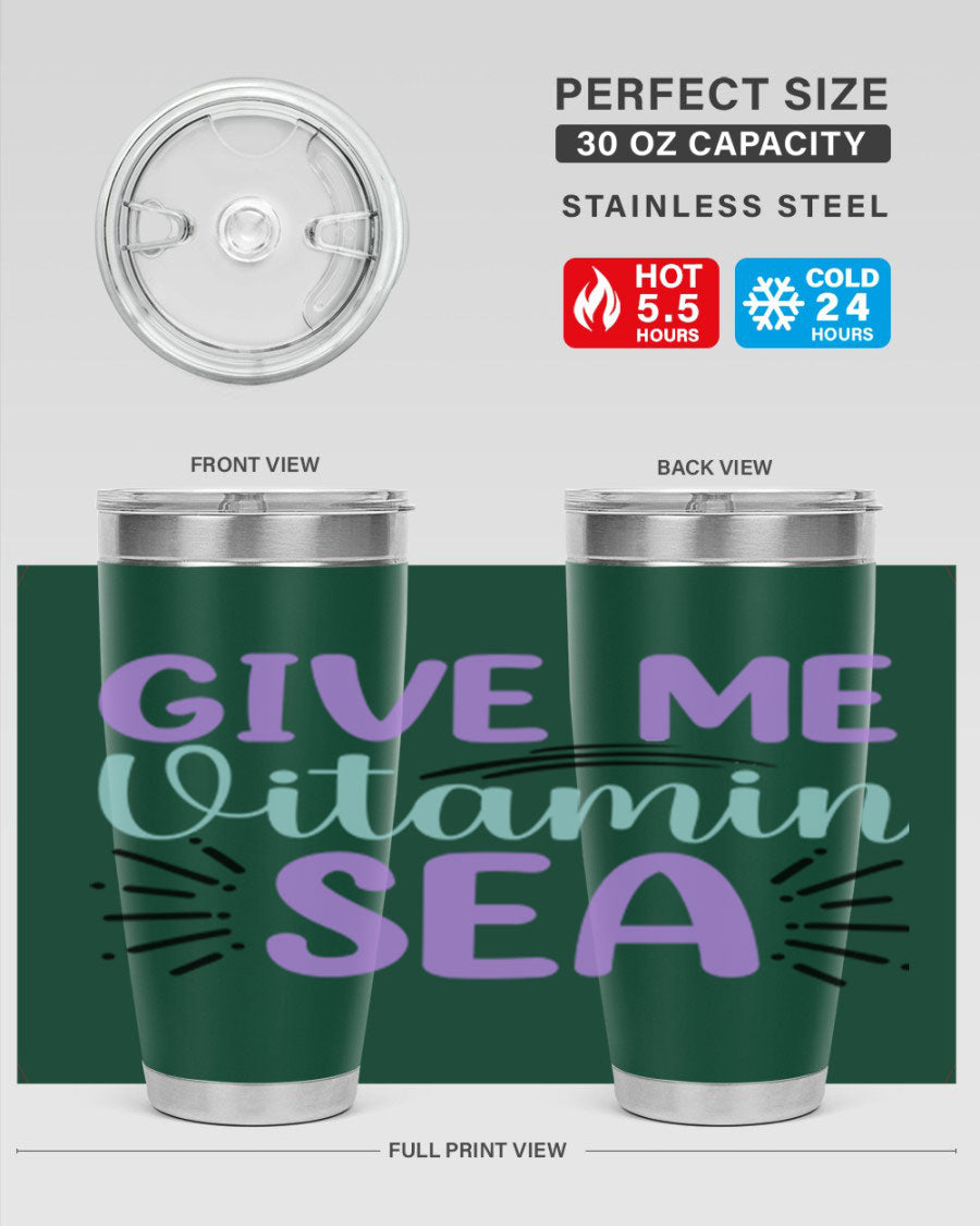Give Me Vitamin Sea 20oz tumbler featuring a vibrant mermaid design, made of double wall vacuum stainless steel with a drink-thru lid.