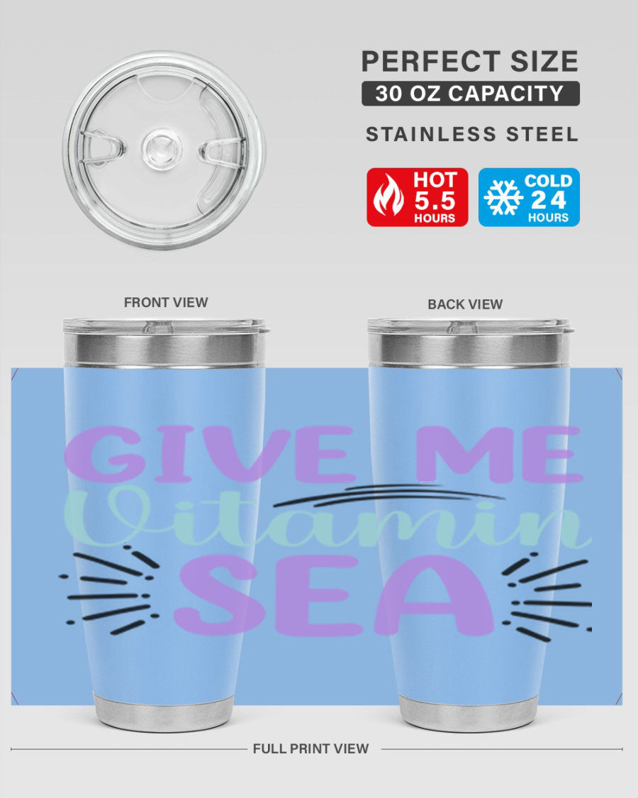 Give Me Vitamin Sea 20oz tumbler featuring a vibrant mermaid design, made of double wall vacuum stainless steel with a drink-thru lid.