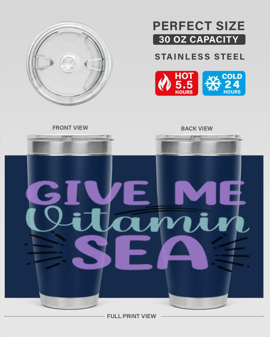 Give Me Vitamin Sea 20oz tumbler featuring a vibrant mermaid design, made of double wall vacuum stainless steel with a drink-thru lid.