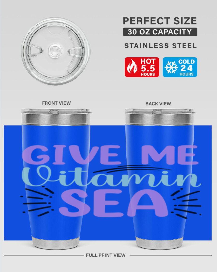 Give Me Vitamin Sea 20oz tumbler featuring a vibrant mermaid design, made of double wall vacuum stainless steel with a drink-thru lid.