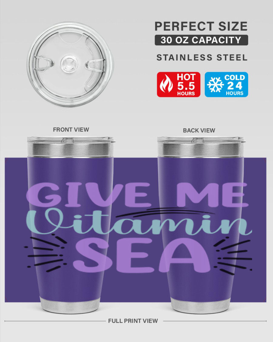 Give Me Vitamin Sea 20oz tumbler featuring a vibrant mermaid design, made of double wall vacuum stainless steel with a drink-thru lid.