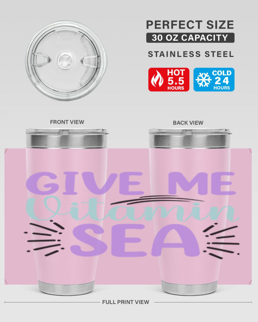 Give Me Vitamin Sea 20oz tumbler featuring a vibrant mermaid design, made of double wall vacuum stainless steel with a drink-thru lid.