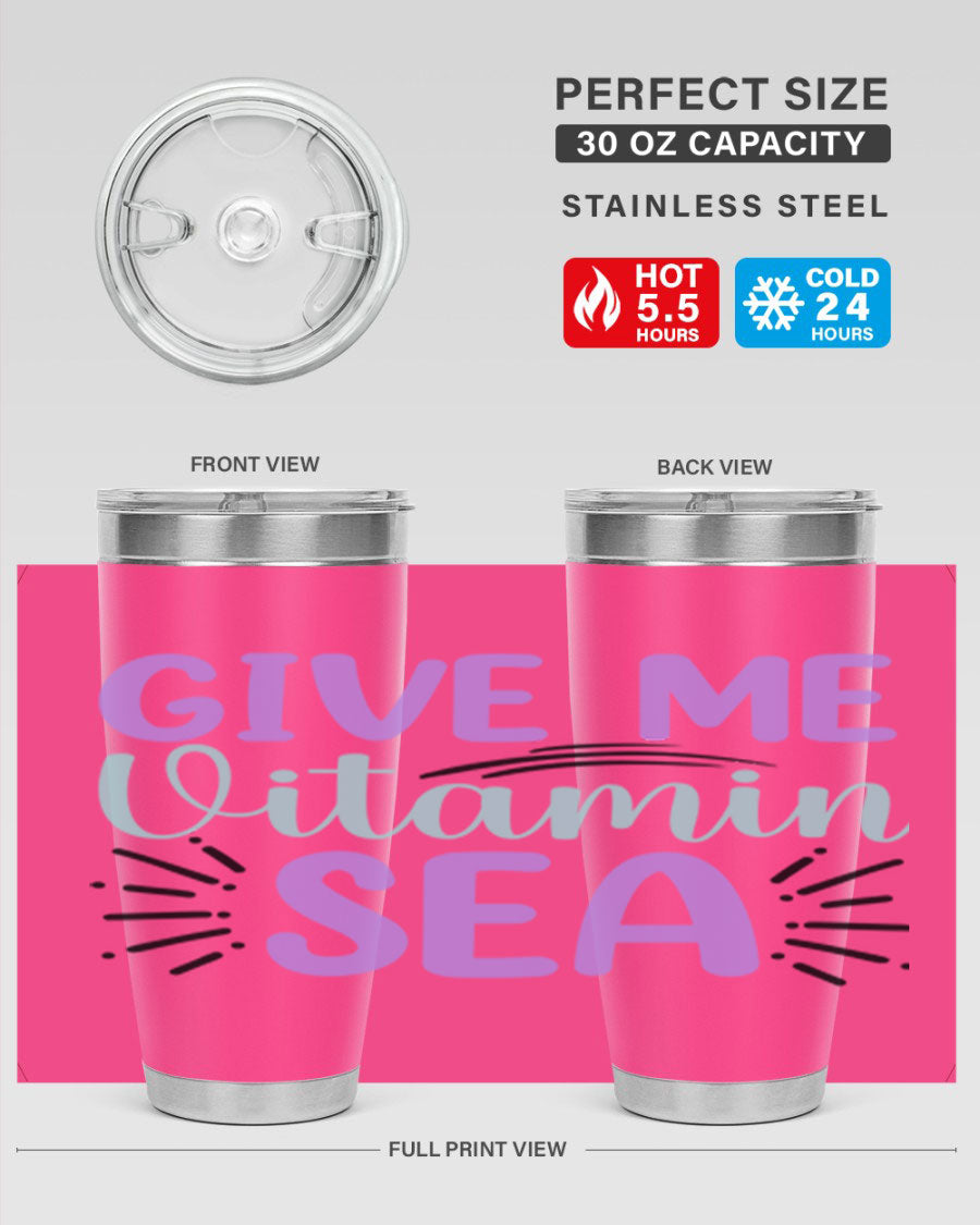 Give Me Vitamin Sea 20oz tumbler featuring a vibrant mermaid design, made of double wall vacuum stainless steel with a drink-thru lid.