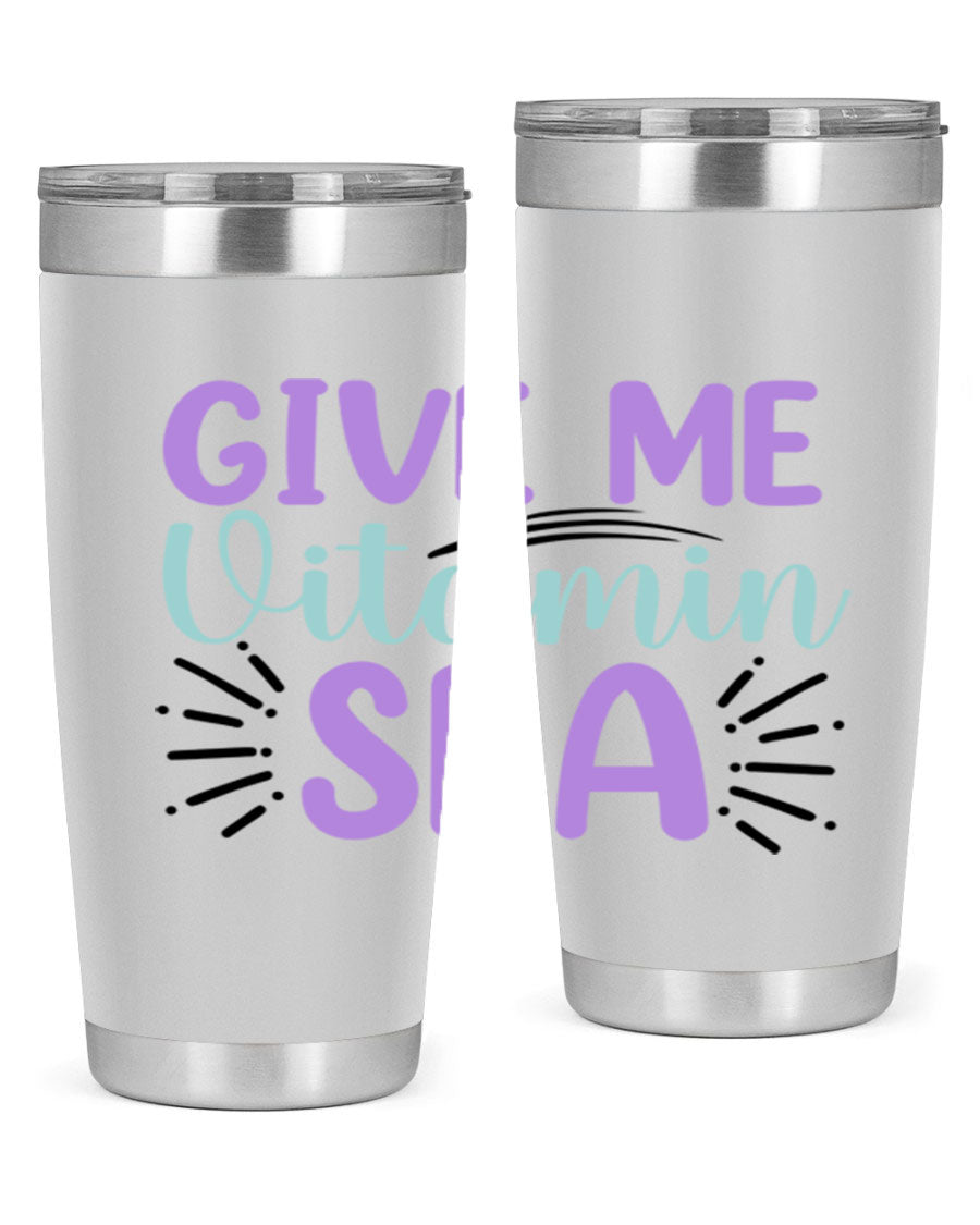 Give Me Vitamin Sea 20oz tumbler featuring a vibrant mermaid design, made of double wall vacuum stainless steel with a drink-thru lid.