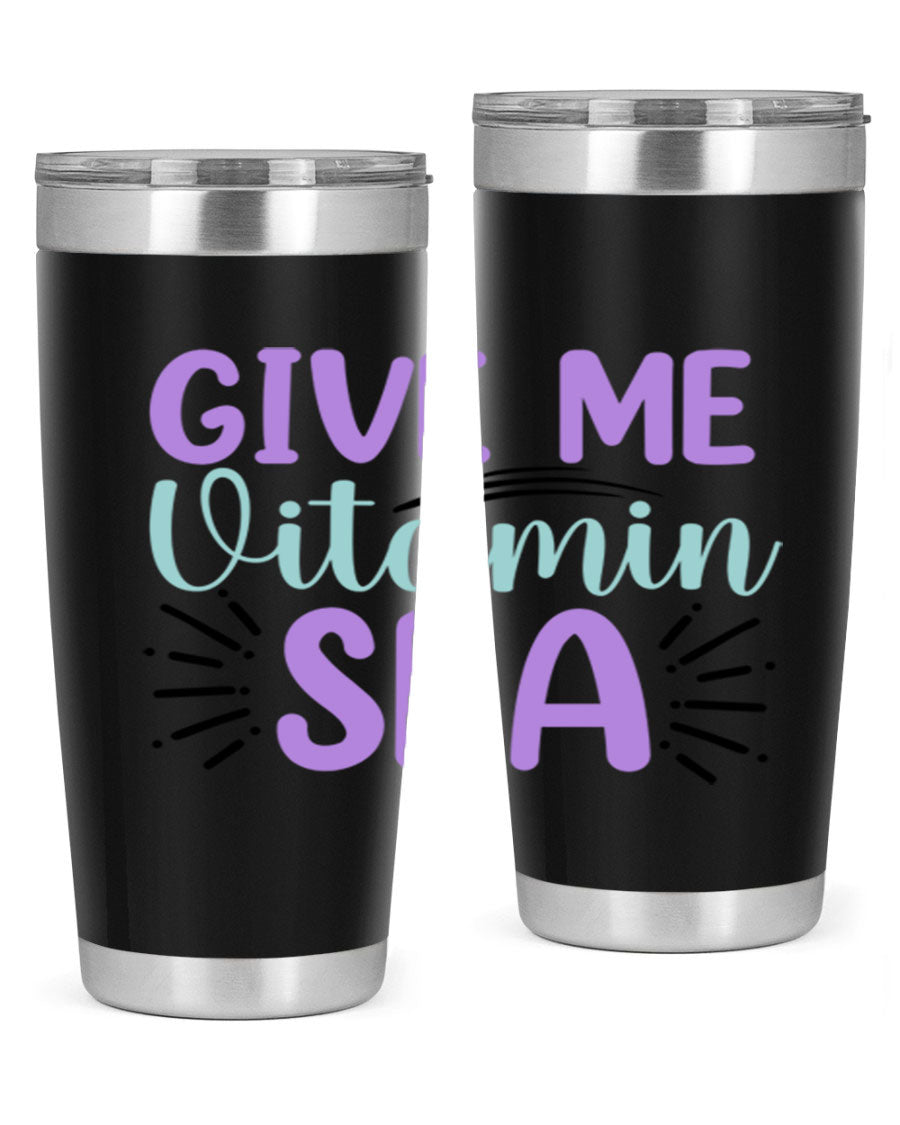 Give Me Vitamin Sea 20oz tumbler featuring a vibrant mermaid design, made of double wall vacuum stainless steel with a drink-thru lid.