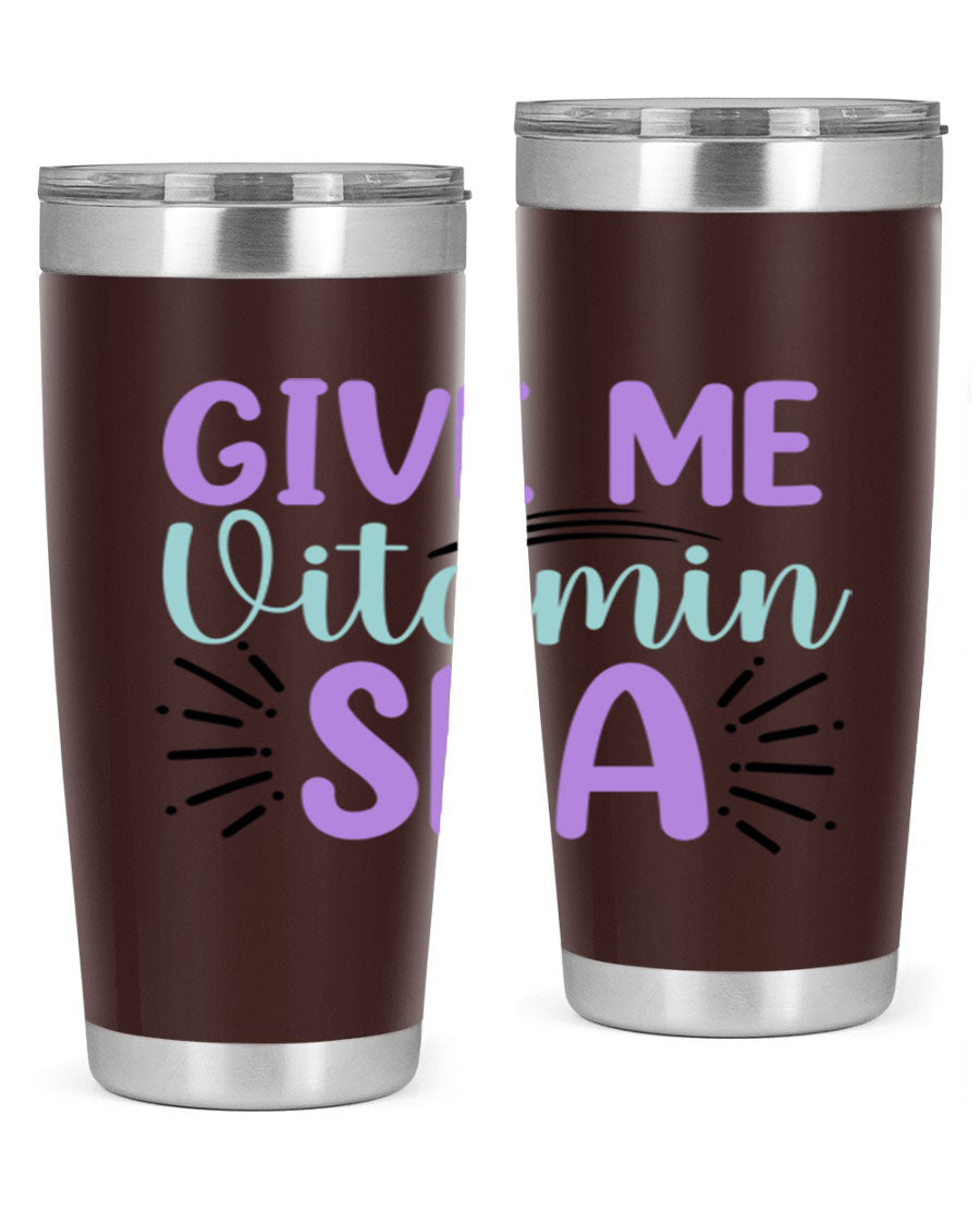 Give Me Vitamin Sea 20oz tumbler featuring a vibrant mermaid design, made of double wall vacuum stainless steel with a drink-thru lid.