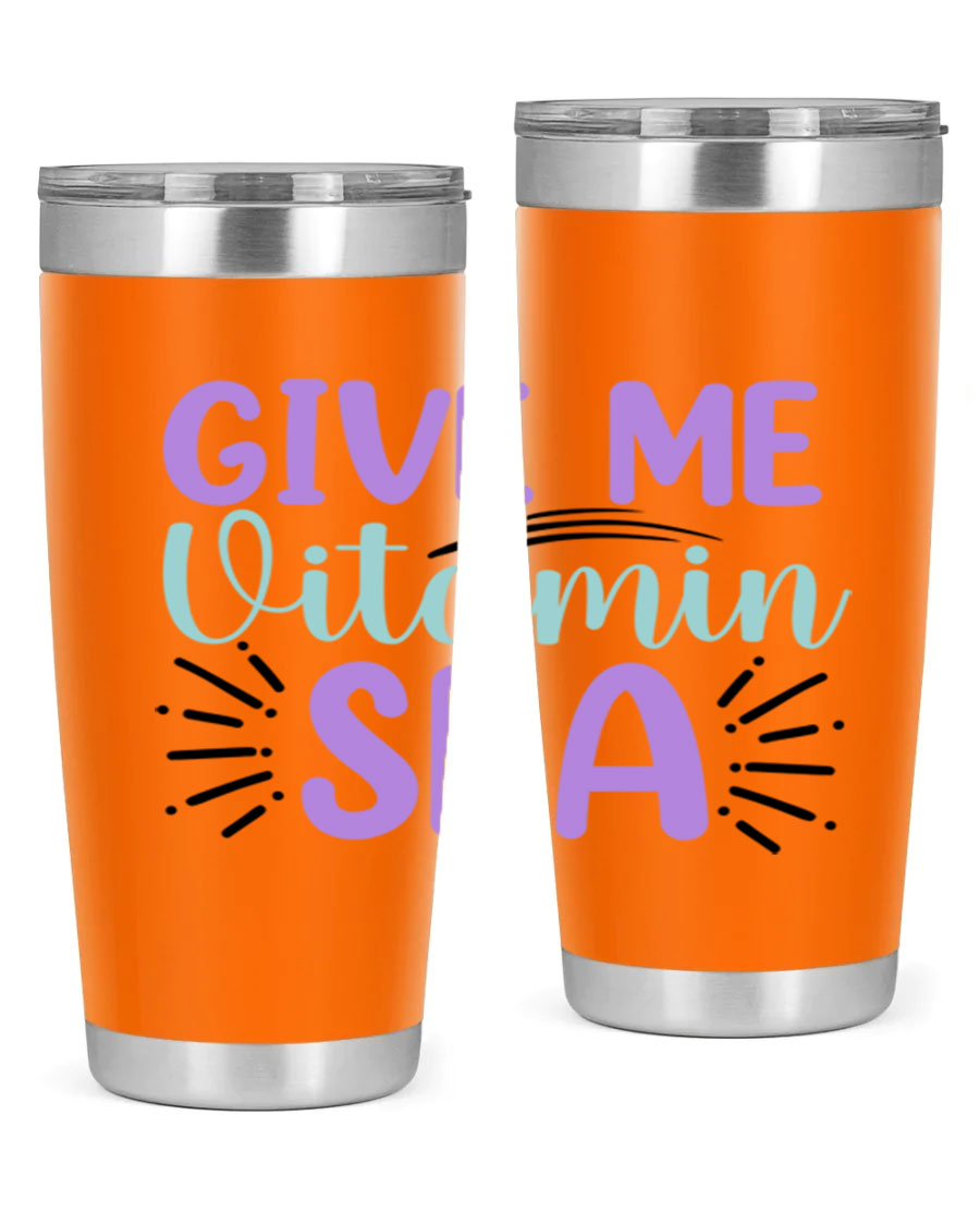 Give Me Vitamin Sea 20oz tumbler featuring a vibrant mermaid design, made of double wall vacuum stainless steel with a drink-thru lid.