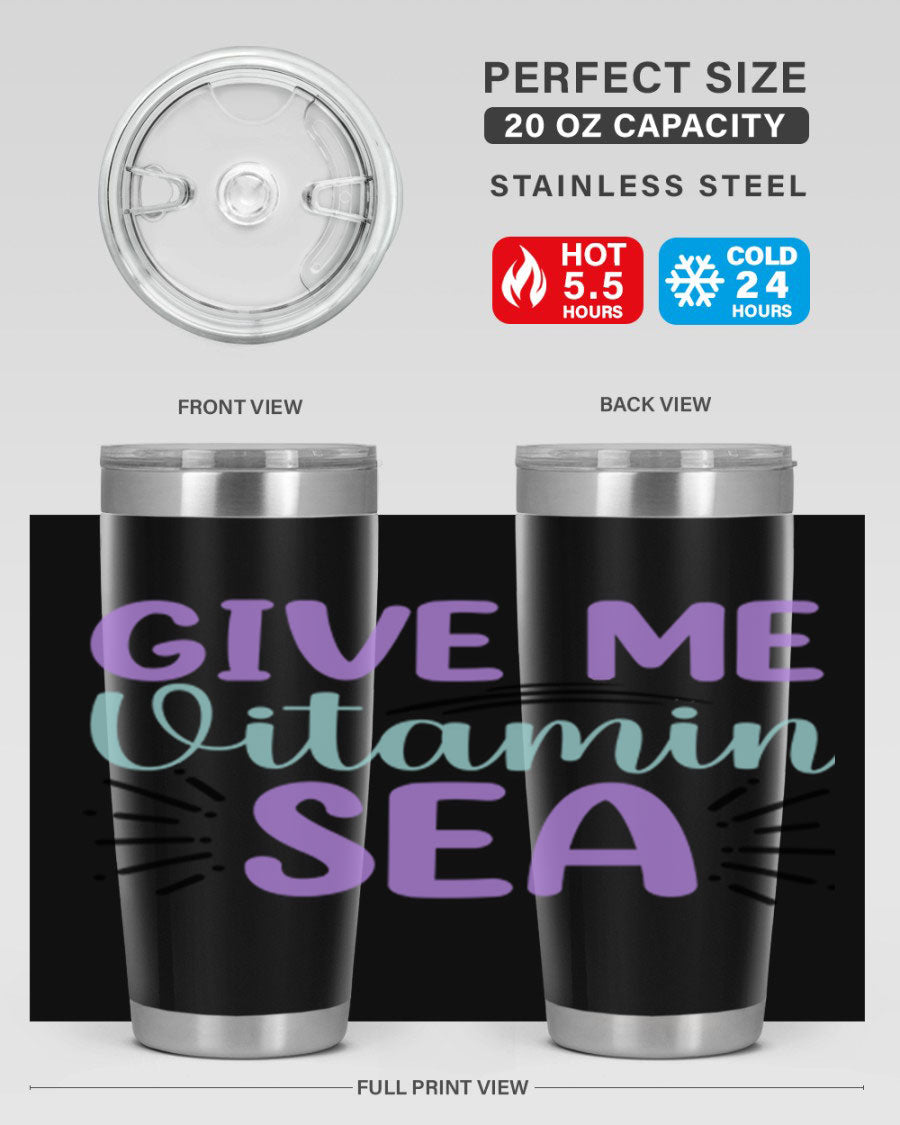 Give Me Vitamin Sea 20oz tumbler featuring a vibrant mermaid design, made of double wall vacuum stainless steel with a drink-thru lid.