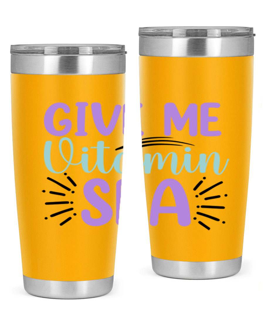 Give Me Vitamin Sea 20oz tumbler featuring a vibrant mermaid design, made of double wall vacuum stainless steel with a drink-thru lid.