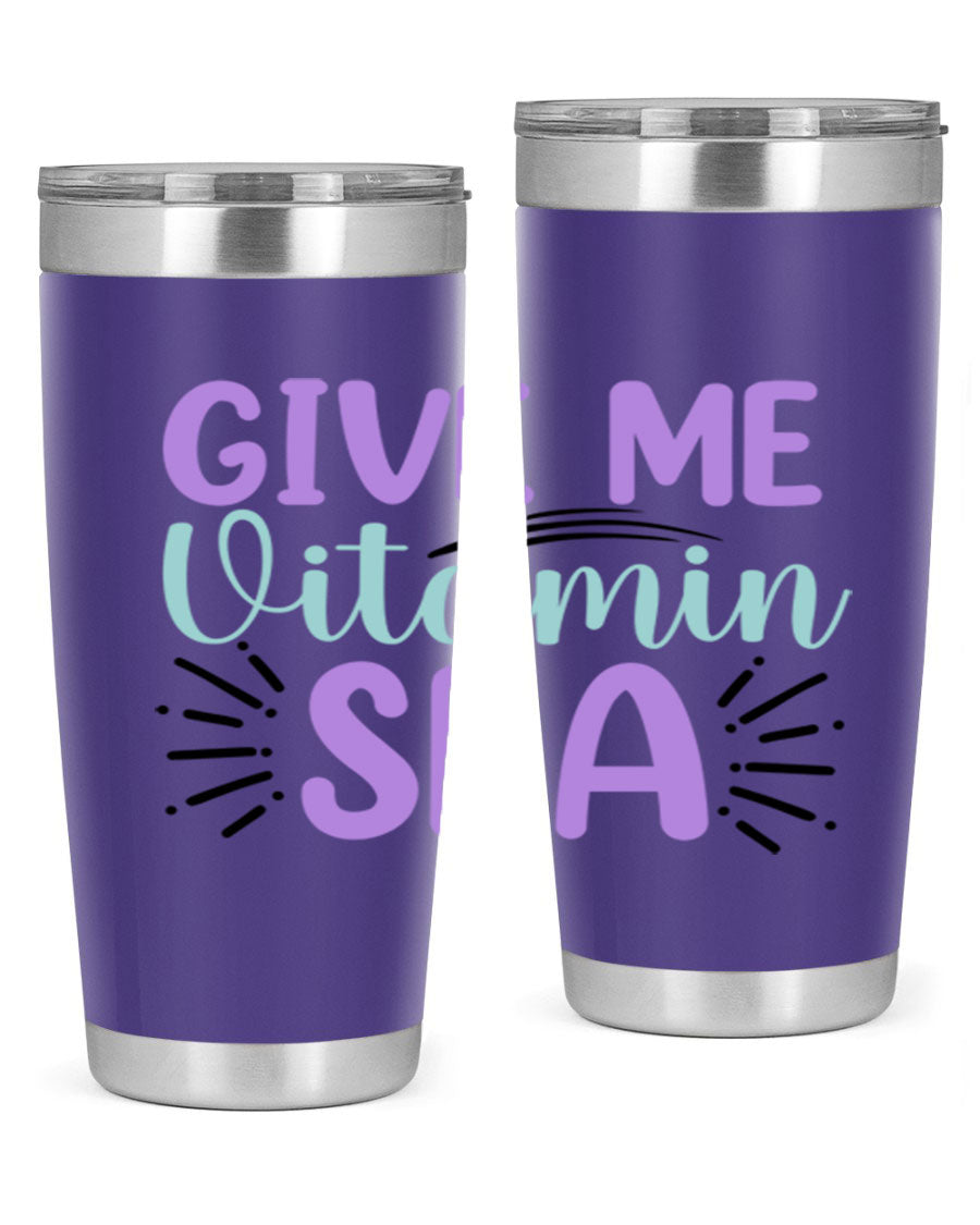 Give Me Vitamin Sea 20oz tumbler featuring a vibrant mermaid design, made of double wall vacuum stainless steel with a drink-thru lid.