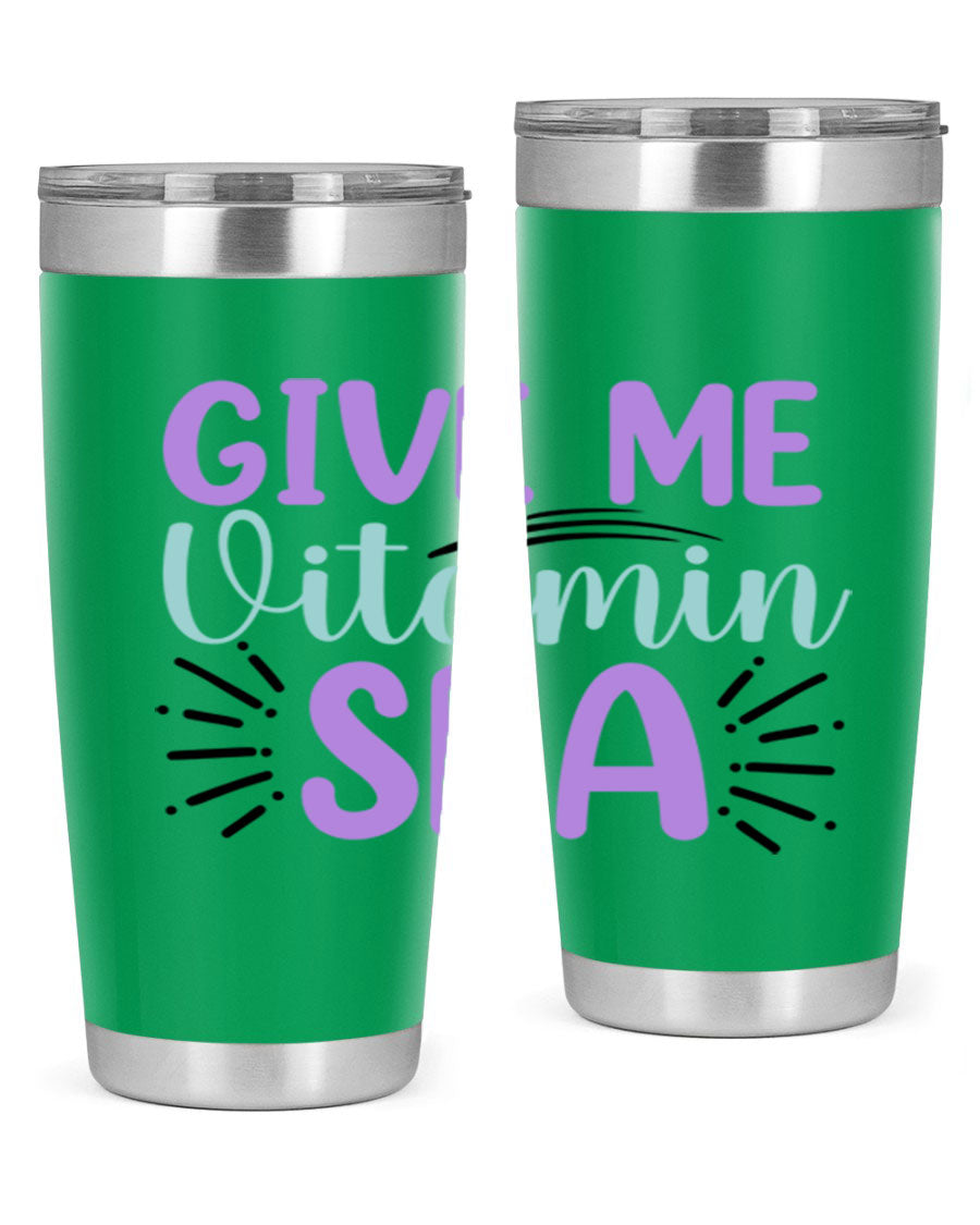 Give Me Vitamin Sea 20oz tumbler featuring a vibrant mermaid design, made of double wall vacuum stainless steel with a drink-thru lid.