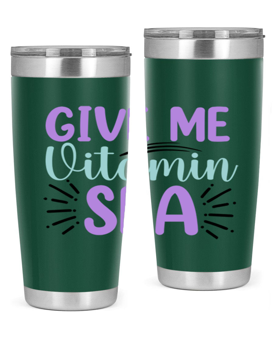Give Me Vitamin Sea 20oz tumbler featuring a vibrant mermaid design, made of double wall vacuum stainless steel with a drink-thru lid.