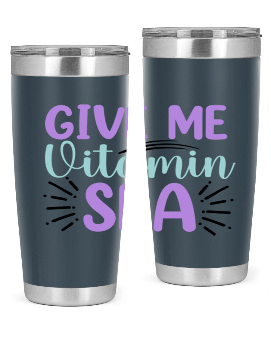 Give Me Vitamin Sea 20oz tumbler featuring a vibrant mermaid design, made of double wall vacuum stainless steel with a drink-thru lid.
