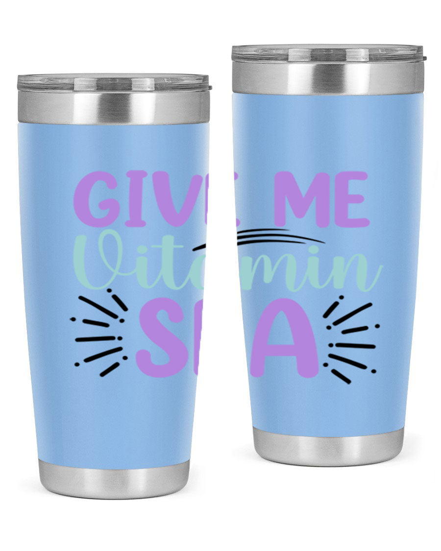 Give Me Vitamin Sea 20oz tumbler featuring a vibrant mermaid design, made of double wall vacuum stainless steel with a drink-thru lid.