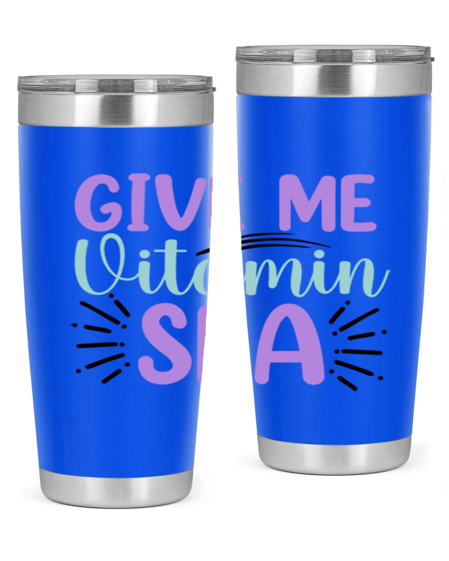 Give Me Vitamin Sea 20oz tumbler featuring a vibrant mermaid design, made of double wall vacuum stainless steel with a drink-thru lid.